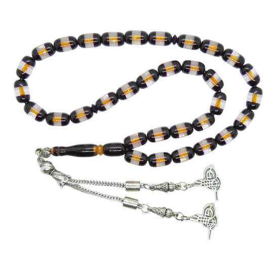 Exklusive Gebetskette aus violett-schwarzem Feuerbernstein – Handgefertigt mit osmanischer Quaste und Nakkaş-Imame